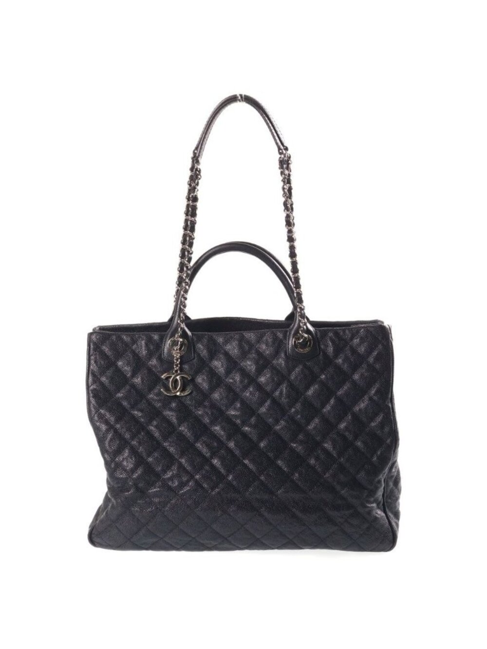 Chanel Quilted Chain 2-Way Tote Shoulder Bag Black Caviar Leather Silver